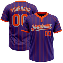 Load image into Gallery viewer, Custom Purple Orange Pinstripe Gray Two-Button Unisex Softball Jersey
