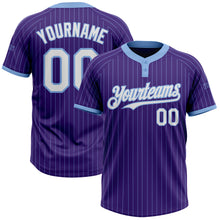 Laden Sie das Bild in den Galerie-Viewer, Custom Purple Light Blue Pinstripe White Two-Button Unisex Softball Jersey
