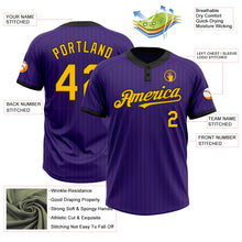 Laden Sie das Bild in den Galerie-Viewer, Custom Purple Black Pinstripe Gold Two-Button Unisex Softball Jersey
