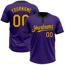 Load image into Gallery viewer, Custom Purple Black Pinstripe Gold Two-Button Unisex Softball Jersey
