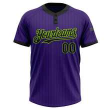 Laden Sie das Bild in den Galerie-Viewer, Custom Purple Black Pinstripe Neon Green Two-Button Unisex Softball Jersey
