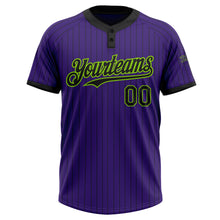 Load image into Gallery viewer, Custom Purple Black Pinstripe Neon Green Two-Button Unisex Softball Jersey
