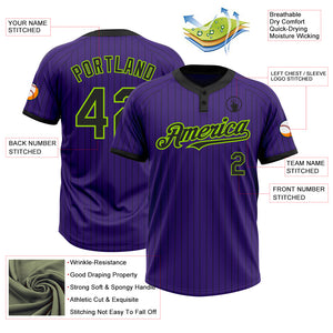 Custom Purple Black Pinstripe Neon Green Two-Button Unisex Softball Jersey