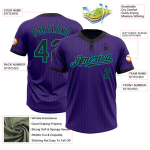 Custom Purple Black Pinstripe Teal Two-Button Unisex Softball Jersey