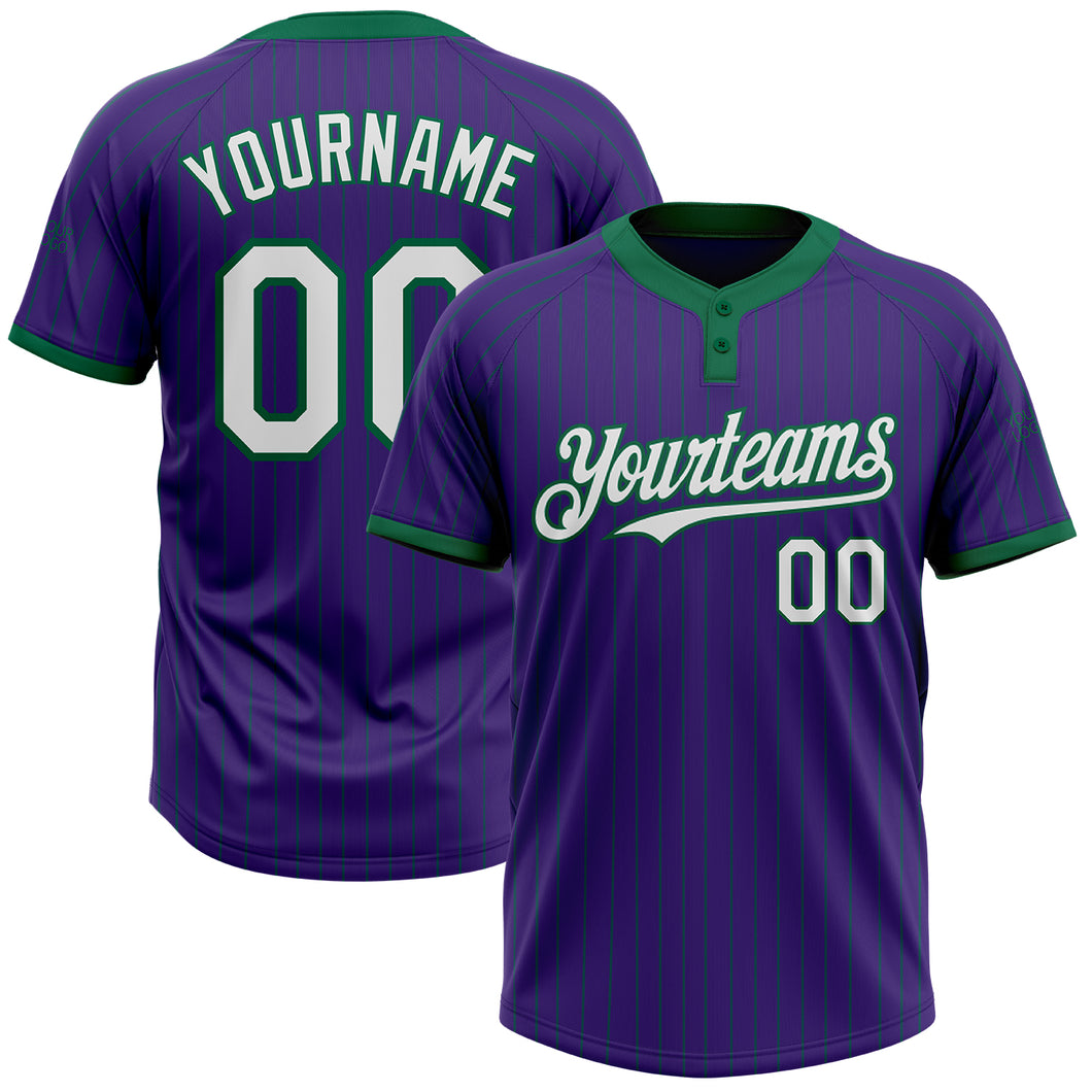 Custom Purple Kelly Green Pinstripe White Two-Button Unisex Softball Jersey