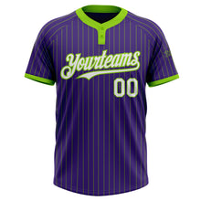 Laden Sie das Bild in den Galerie-Viewer, Custom Purple Neon Green Pinstripe White Two-Button Unisex Softball Jersey
