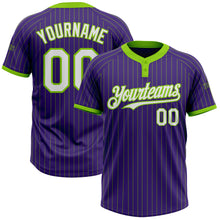 Laden Sie das Bild in den Galerie-Viewer, Custom Purple Neon Green Pinstripe White Two-Button Unisex Softball Jersey
