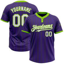 Load image into Gallery viewer, Custom Purple Neon Green Pinstripe White Two-Button Unisex Softball Jersey
