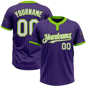 Custom Purple Neon Green Pinstripe White Two-Button Unisex Softball Jersey