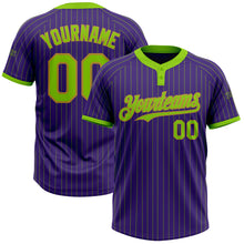 Laden Sie das Bild in den Galerie-Viewer, Custom Purple Neon Green Pinstripe Old Gold Two-Button Unisex Softball Jersey
