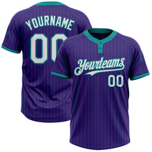 Laden Sie das Bild in den Galerie-Viewer, Custom Purple Teal Pinstripe White Two-Button Unisex Softball Jersey
