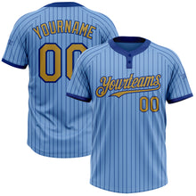 Load image into Gallery viewer, Custom Light Blue Royal Pinstripe Old Gold Two-Button Unisex Softball Jersey
