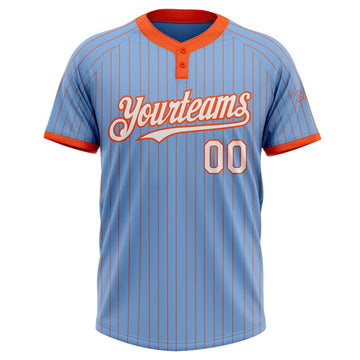 Custom Light Blue Orange Pinstripe White Two-Button Unisex Softball Jersey