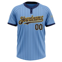 Laden Sie das Bild in den Galerie-Viewer, Custom Light Blue Navy Pinstripe Gold Two-Button Unisex Softball Jersey
