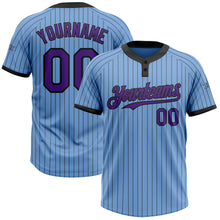 Load image into Gallery viewer, Custom Light Blue Black Pinstripe Purple Two-Button Unisex Softball Jersey
