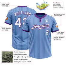 Laden Sie das Bild in den Galerie-Viewer, Custom Light Blue Purple Pinstripe White Two-Button Unisex Softball Jersey
