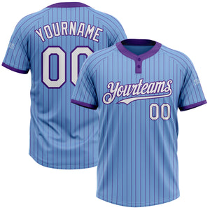 Custom Light Blue Purple Pinstripe White Two-Button Unisex Softball Jersey