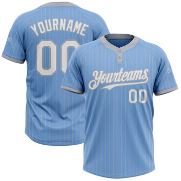 Custom Light Blue Gray Pinstripe White Two-Button Unisex Softball Jersey