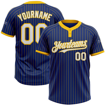 Custom Royal Yellow Pinstripe White Two-Button Unisex Softball Jersey