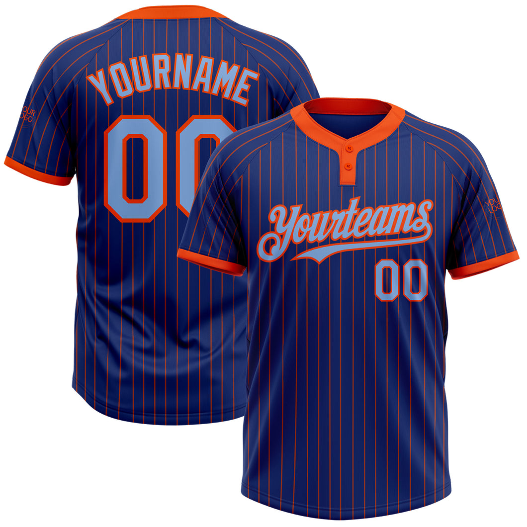 Custom Royal Orange Pinstripe Light Blue Two-Button Unisex Softball Jersey