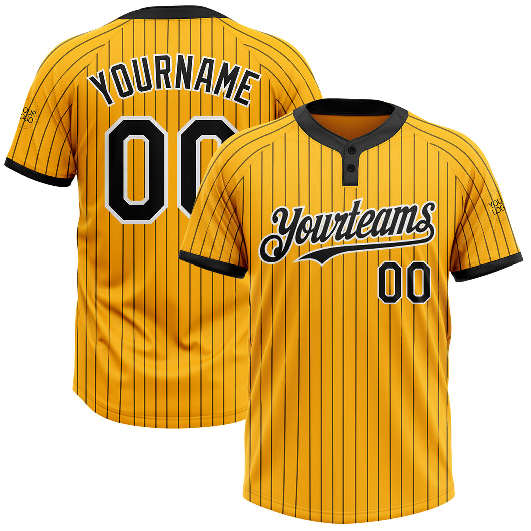 Custom Gold Black Pinstripe White Two-Button Unisex Softball Jersey