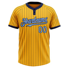 Load image into Gallery viewer, Custom Gold Navy Pinstripe Light Blue Two-Button Unisex Softball Jersey
