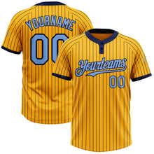 Load image into Gallery viewer, Custom Gold Navy Pinstripe Light Blue Two-Button Unisex Softball Jersey
