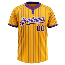 Laden Sie das Bild in den Galerie-Viewer, Custom Gold Purple Pinstripe White Two-Button Unisex Softball Jersey
