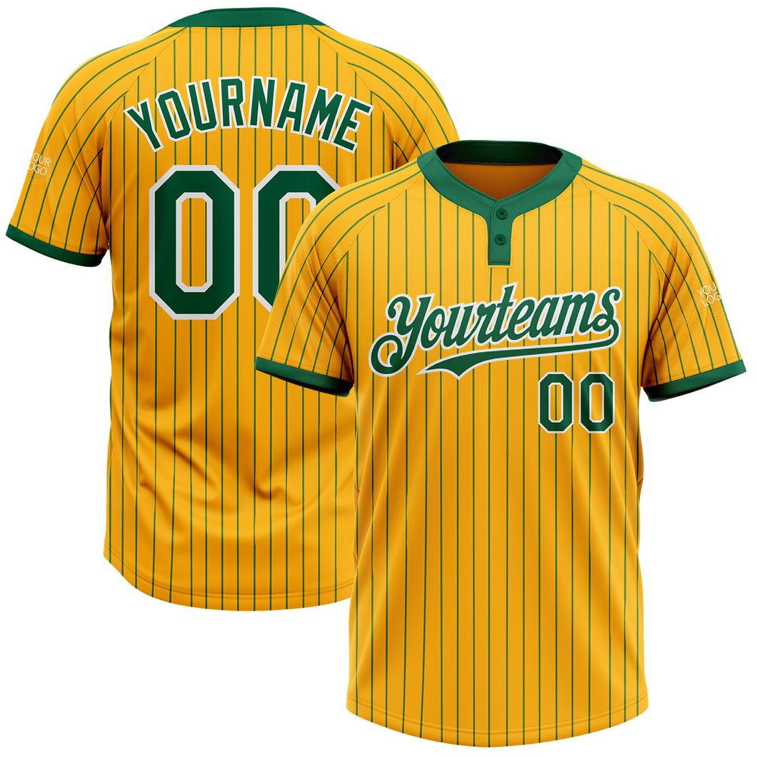 Custom Gold Kelly Green Pinstripe White Two-Button Unisex Softball Jersey