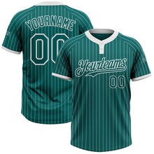 Laden Sie das Bild in den Galerie-Viewer, Custom Teal White Pinstripe White Two-Button Unisex Softball Jersey
