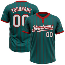 Laden Sie das Bild in den Galerie-Viewer, Custom Teal Red Pinstripe White Two-Button Unisex Softball Jersey
