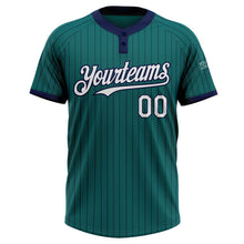 Laden Sie das Bild in den Galerie-Viewer, Custom Teal Navy Pinstripe White Two-Button Unisex Softball Jersey
