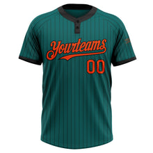 Load image into Gallery viewer, Custom Teal Black Pinstripe Orange Two-Button Unisex Softball Jersey
