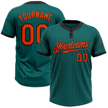 Load image into Gallery viewer, Custom Teal Black Pinstripe Orange Two-Button Unisex Softball Jersey
