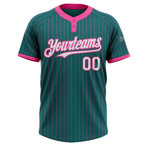 Custom Teal Pink Pinstripe White Two-Button Unisex Softball Jersey