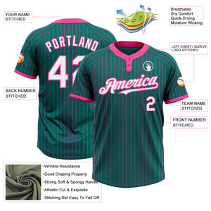 Custom Teal Pink Pinstripe White Two-Button Unisex Softball Jersey