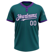 Laden Sie das Bild in den Galerie-Viewer, Custom Teal Purple Pinstripe White Two-Button Unisex Softball Jersey
