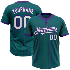 Custom Teal Purple Pinstripe White Two-Button Unisex Softball Jersey