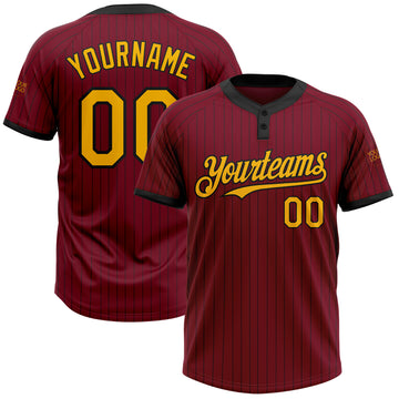 Custom Crimson Black Pinstripe Gold Two-Button Unisex Softball Jersey