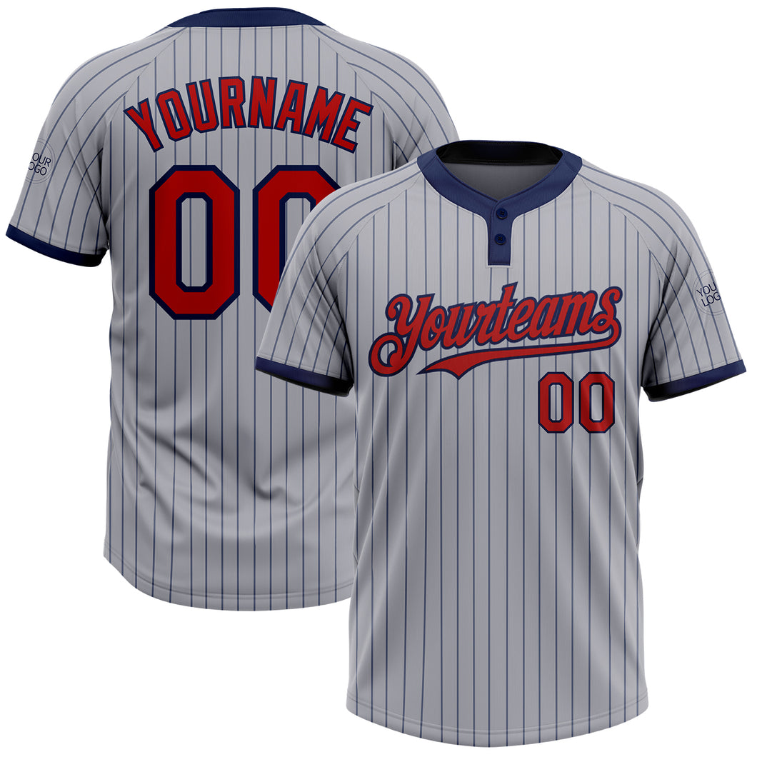 Custom Gray Navy Pinstripe Red Two-Button Unisex Softball Jersey