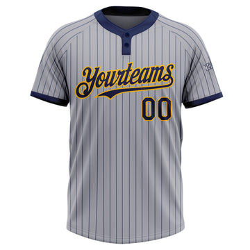 Custom Gray Navy Pinstripe Gold Two-Button Unisex Softball Jersey