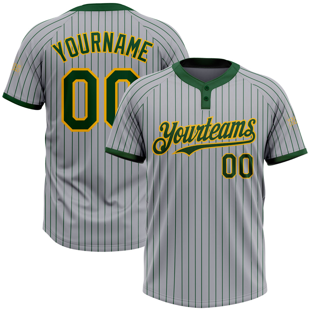 Custom Gray Green Pinstripe Gold Two-Button Unisex Softball Jersey