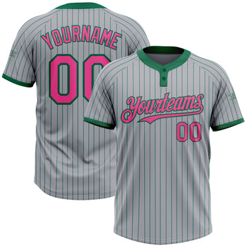 Custom Gray Kelly Green Pinstripe Pink Two-Button Unisex Softball Jersey