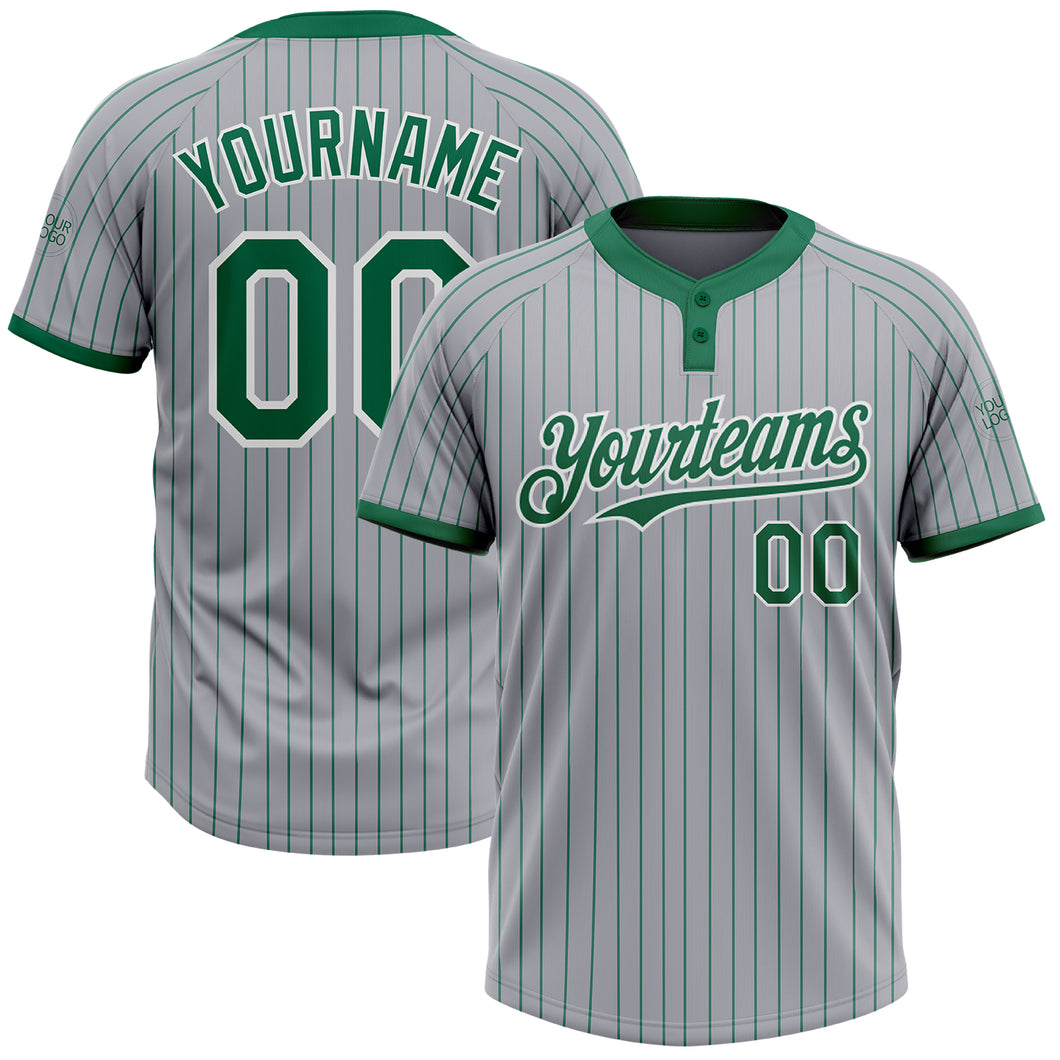 Custom Gray Kelly Green Pinstripe White Two-Button Unisex Softball Jersey