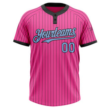 Load image into Gallery viewer, Custom Pink Black Pinstripe Light Blue Two-Button Unisex Softball Jersey
