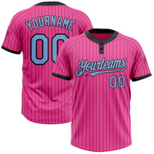 Load image into Gallery viewer, Custom Pink Black Pinstripe Light Blue Two-Button Unisex Softball Jersey
