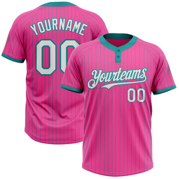 Custom Pink Teal Pinstripe White Two-Button Unisex Softball Jersey