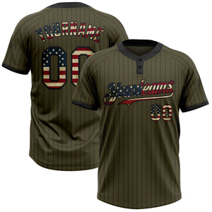 Custom Olive Black Pinstripe Vintage USA Flag Salute To Service Two-Button Unisex Softball Jersey