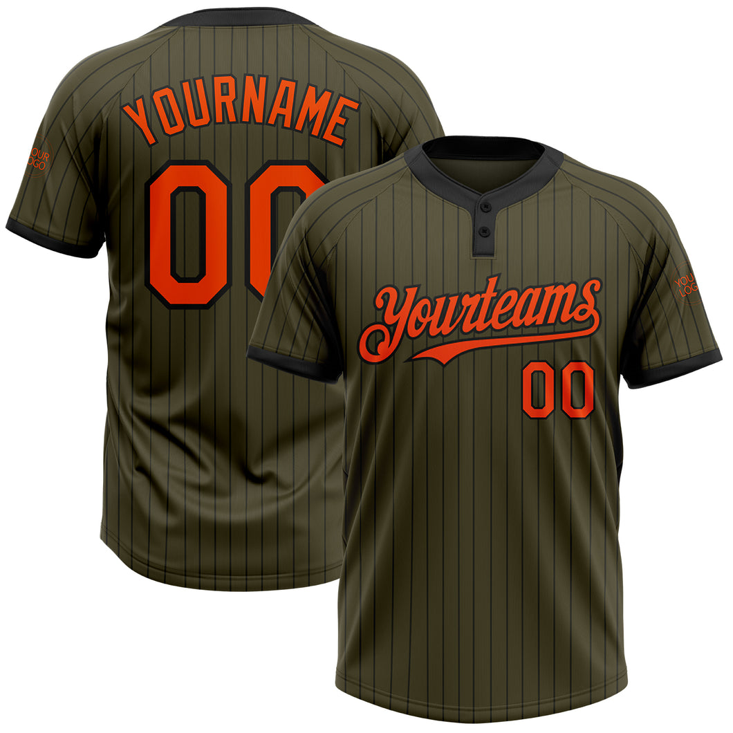 Custom Olive Black Pinstripe Orange Salute To Service Two-Button Unisex Softball Jersey