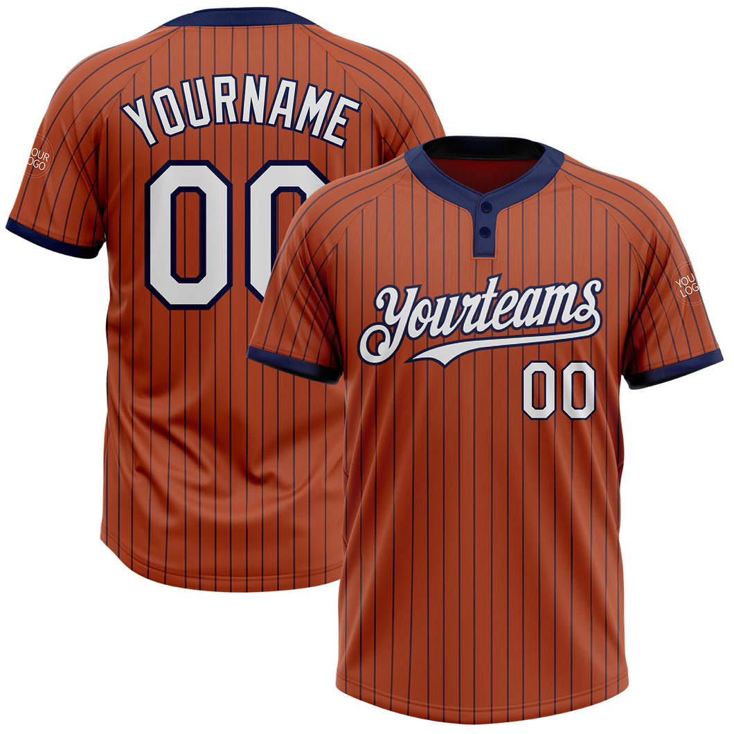 Custom Texas Orange Navy Pinstripe White Two-Button Unisex Softball Jersey